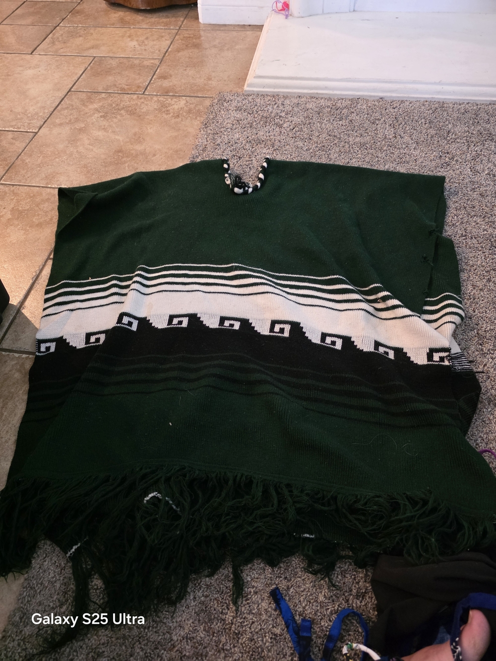 Poncho  Dark Green Knit Fringe Poncho with Cream & Black Pattern